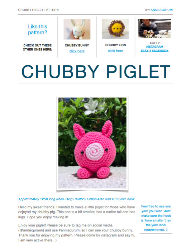 Pattern: Chubby Piglet (digital Pdf)
